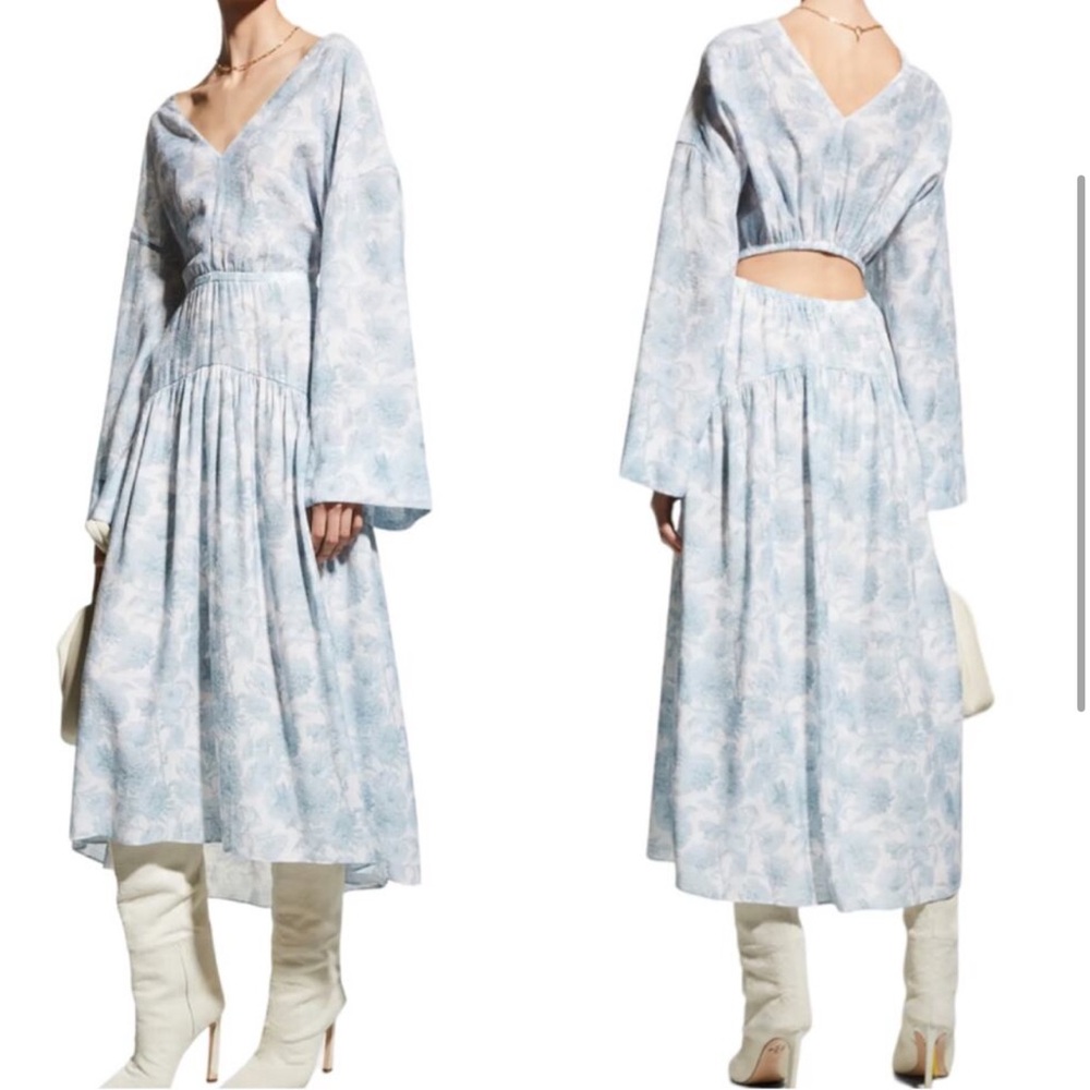Vince NWT Large Dahlia Long-Sleeve Double VNeck Midi Dress Blue Floral Cut Out L